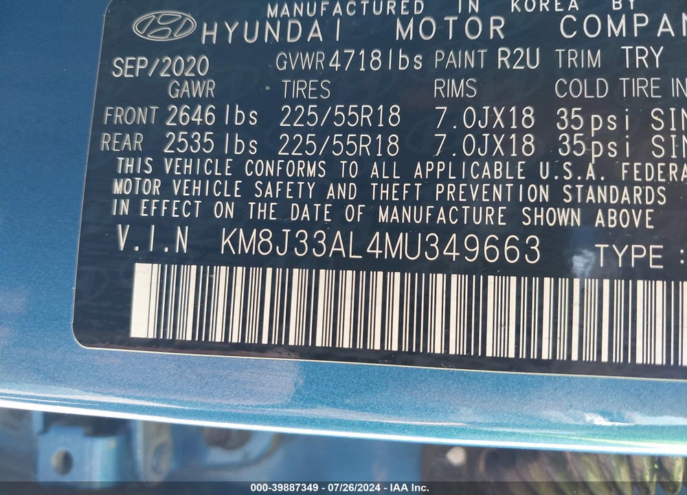 2021 HYUNDAI TUCSON SEL VIN: KM8J33AL4MU349663