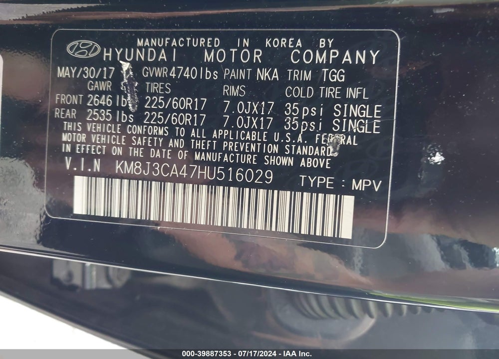 2017 HYUNDAI TUCSON SE VIN: KM8J3CA47HU516029