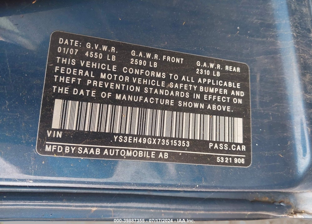 2007 SAAB 9-5 2.3T W/AERO PACKAGE VIN: YS3EH49GX73515353