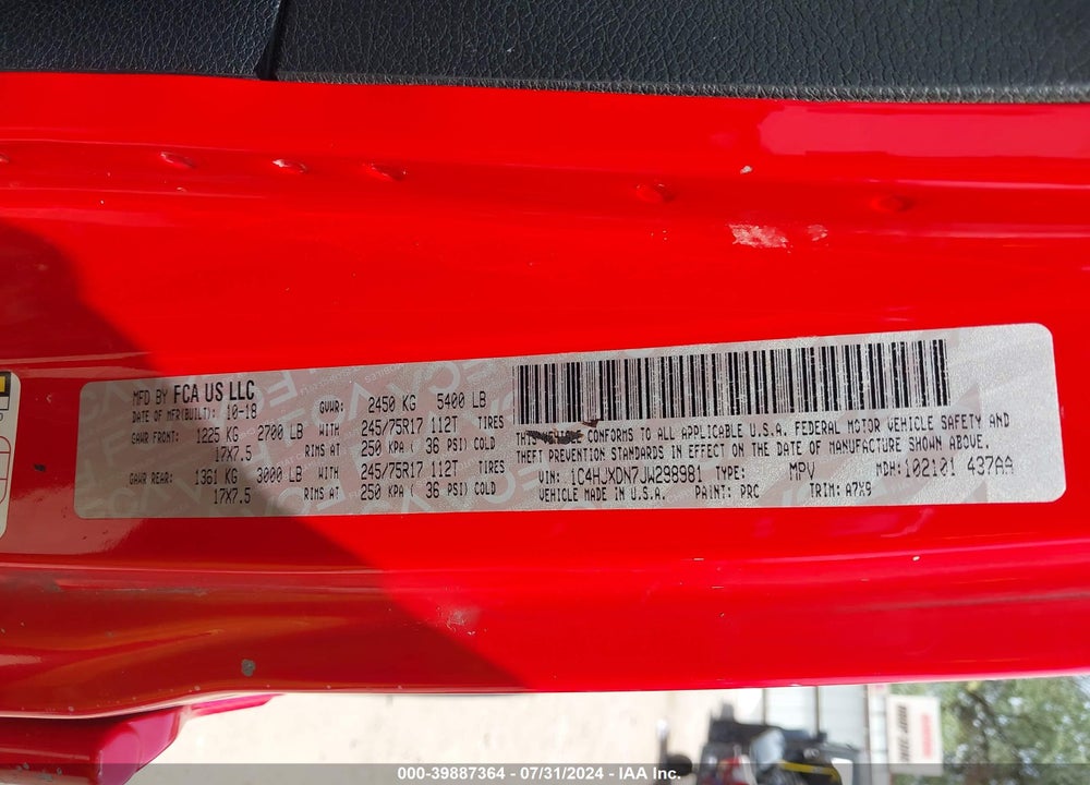 2018 JEEP WRANGLER UNLIMITED SPORT 4X4 VIN: 1C4HJXDN7JW298981