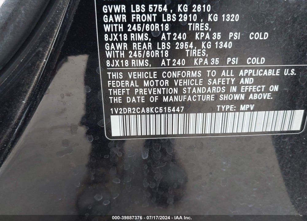 2019 VOLKSWAGEN ATLAS 3.6L V6 SE VIN: 1V2DR2CA8KC515447