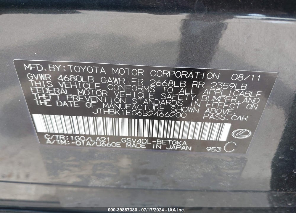 2011 LEXUS ES 350 VIN: JTHBK1EG6B2466200