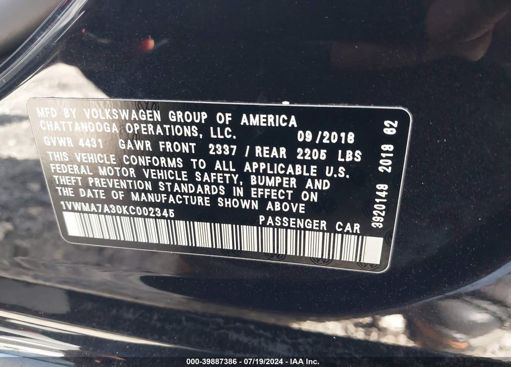 2019 VOLKSWAGEN PASSAT 2.0T SE R-LINE VIN: 1VWMA7A30KC002345