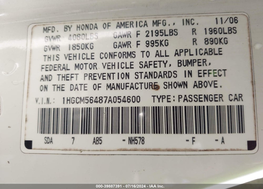 2007 HONDA ACCORD 2.4 LX VIN: 1HGCM56487A054600