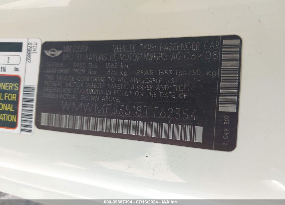 2008 MINI COOPER VIN: WMWMF33518TT62354