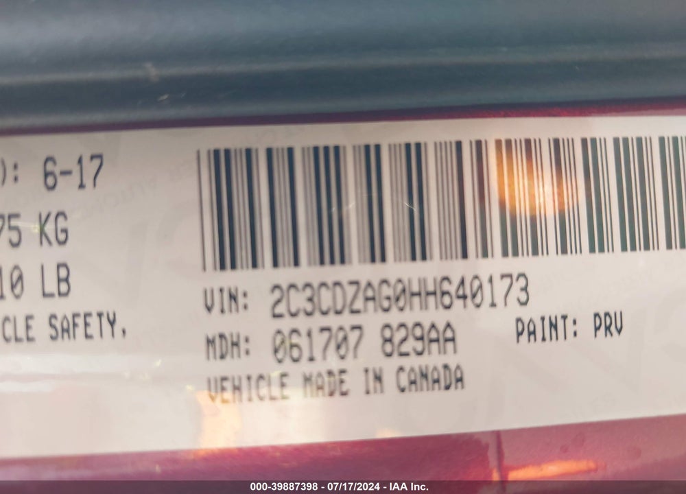 2017 DODGE CHALLENGER SXT VIN: 2C3CDZAG0HH640173