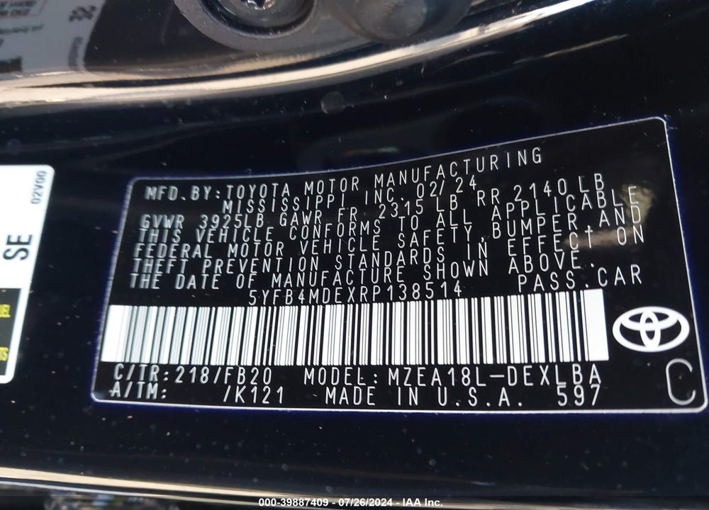 2024 TOYOTA COROLLA LE VIN: 5YFB4MDEXRP138514