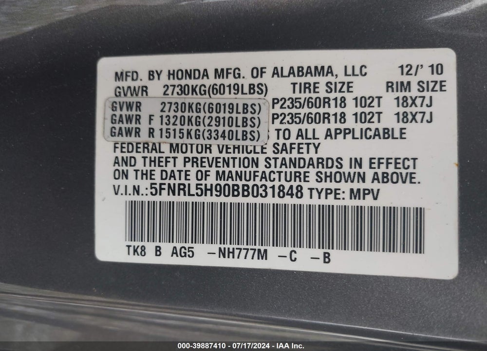 2011 HONDA ODYSSEY TOURING/TOURING ELITE VIN: 5FNRL5H90BB031848