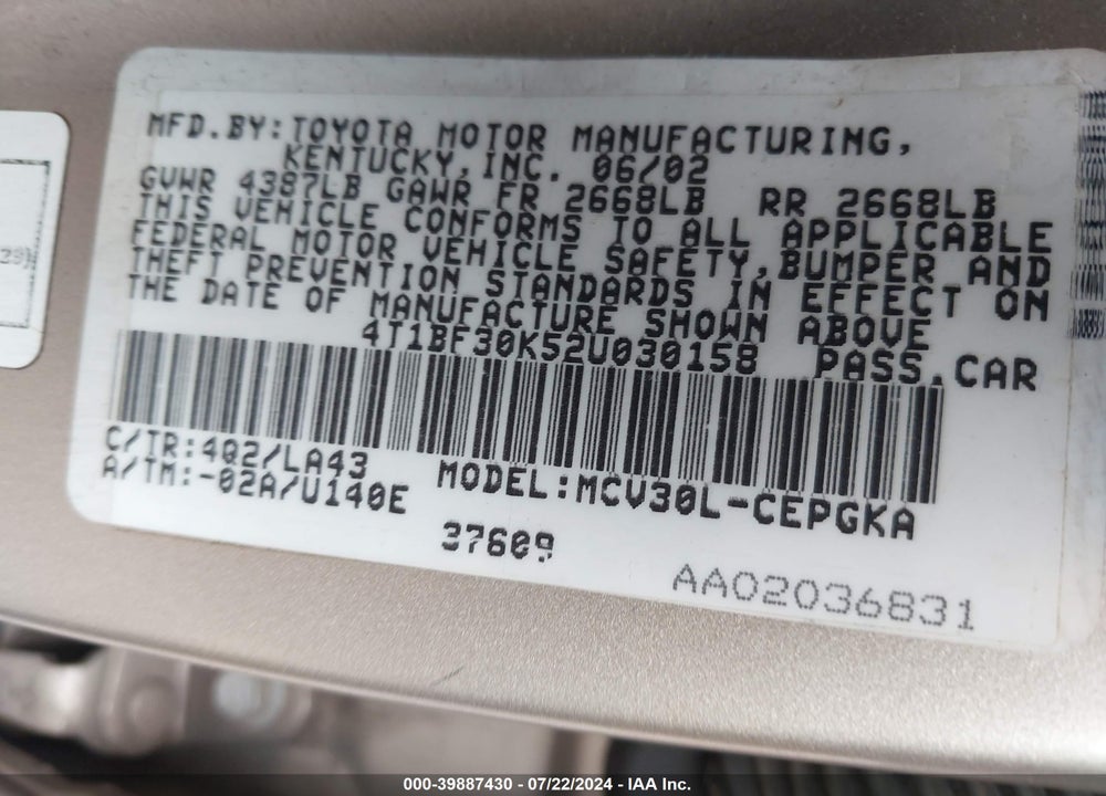 2002 TOYOTA CAMRY XLE V6 VIN: 4T1BF30K52U030158