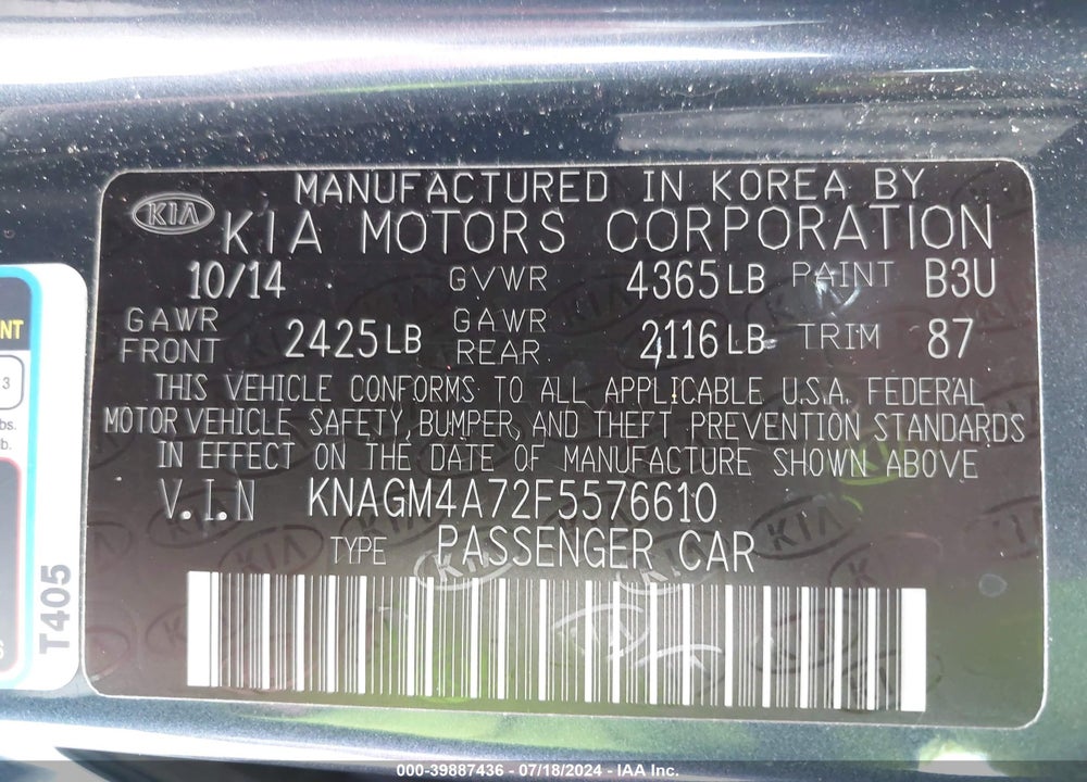 2015 KIA OPTIMA LX VIN: KNAGM4A72F5576610