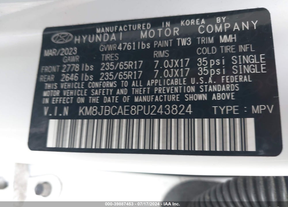 2023 HYUNDAI TUCSON SEL VIN: KM8JBCAE8PU243824