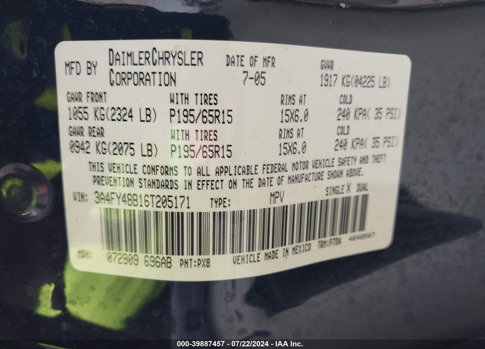 2006 CHRYSLER PT CRUISER VIN: 3A4FY48B16T205171