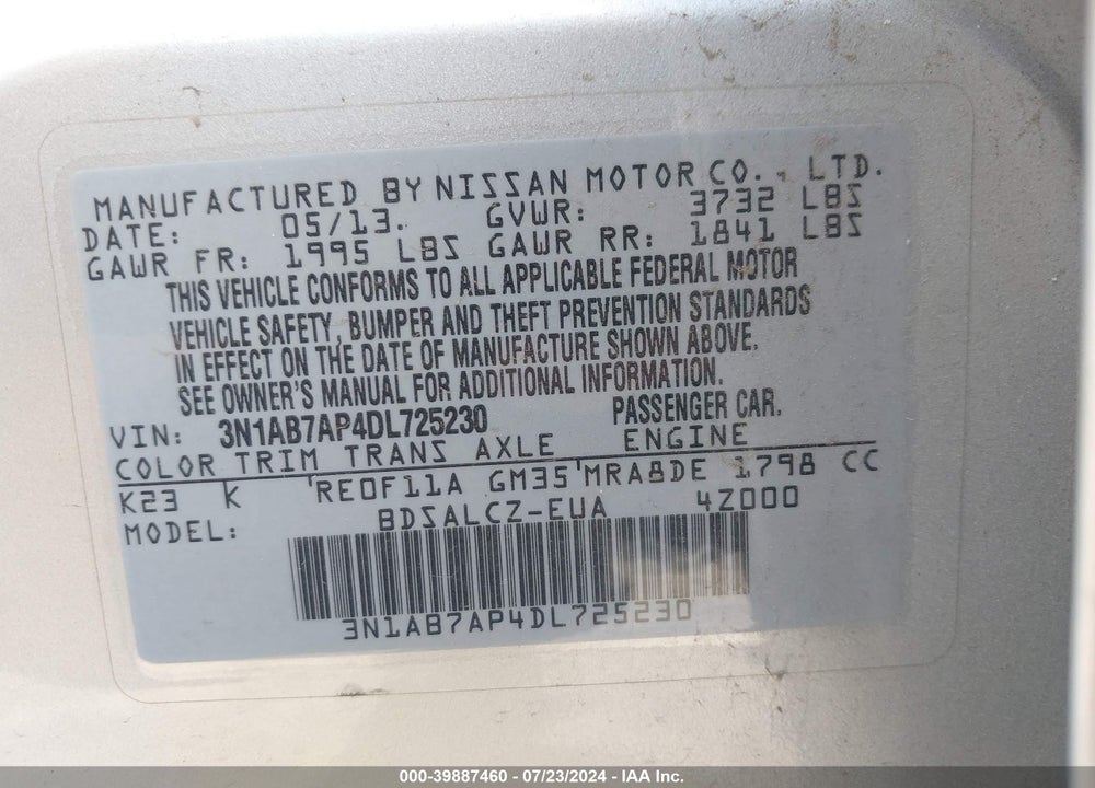 2013 NISSAN SENTRA S VIN: 3N1AB7AP4DL725230