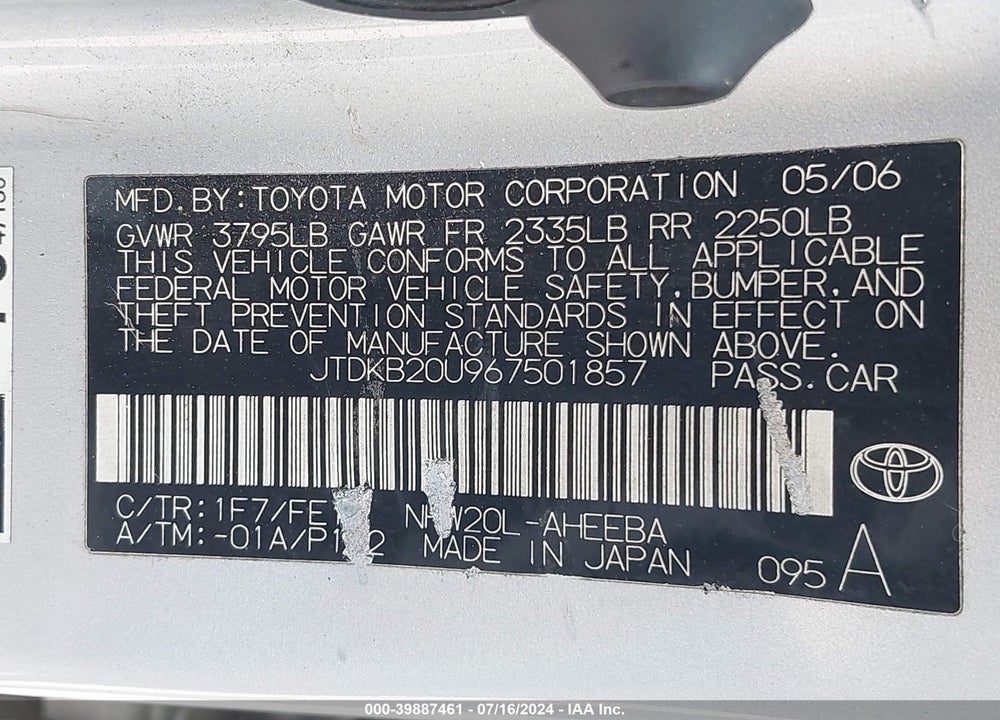 2006 TOYOTA PRIUS VIN: JTDKB20U967501857