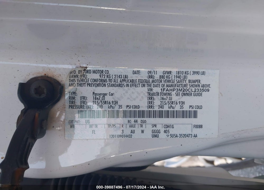 2012 FORD FOCUS SEL VIN: 1FAHP3M20CL233509