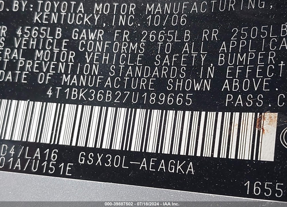 2007 TOYOTA AVALON XLS VIN: 4T1BK36B27U189665