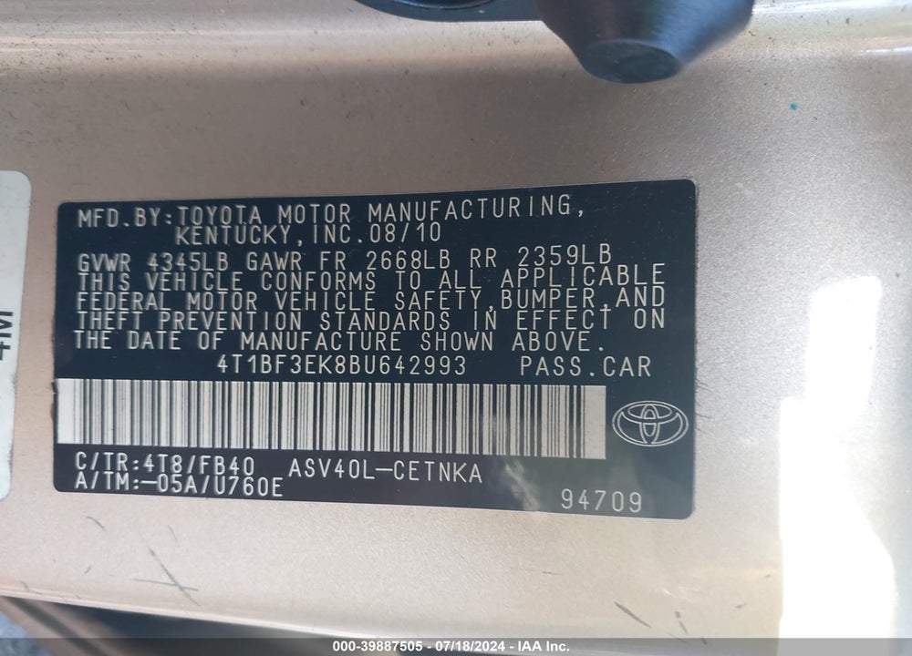 2011 TOYOTA CAMRY LE VIN: 4T1BF3EK8BU642993