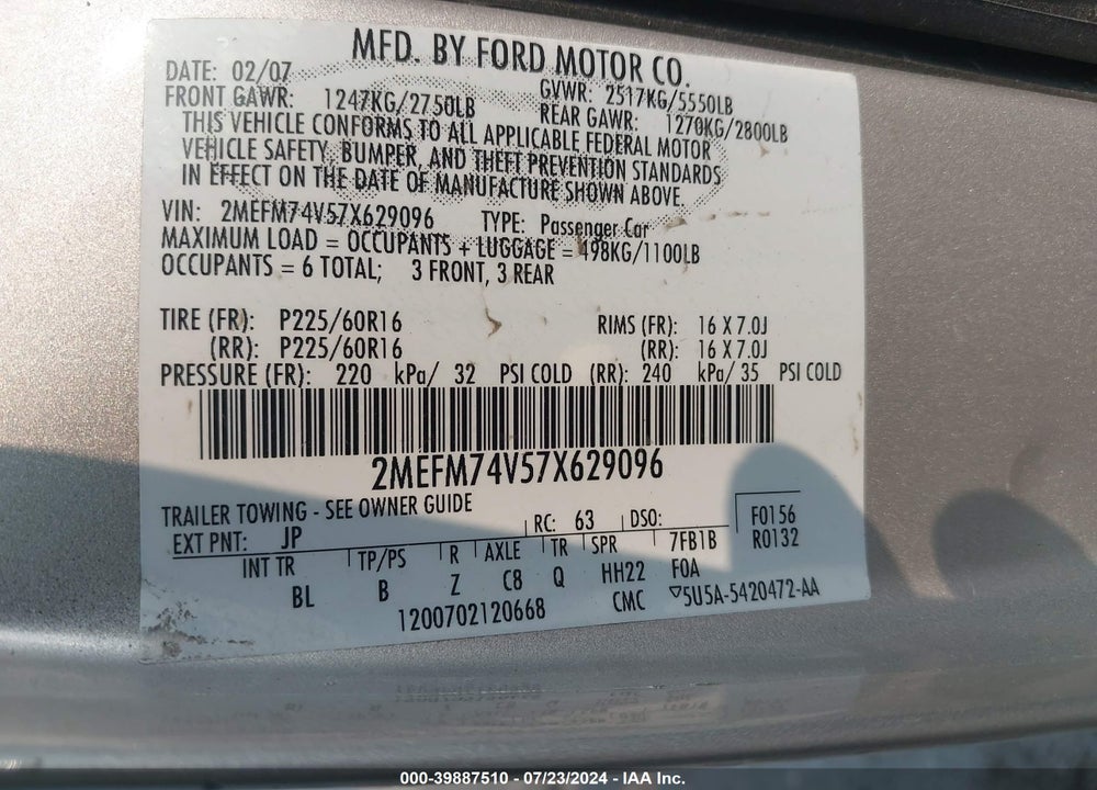 2007 MERCURY GRAND MARQUIS GS VIN: 2MEFM74V57X629096