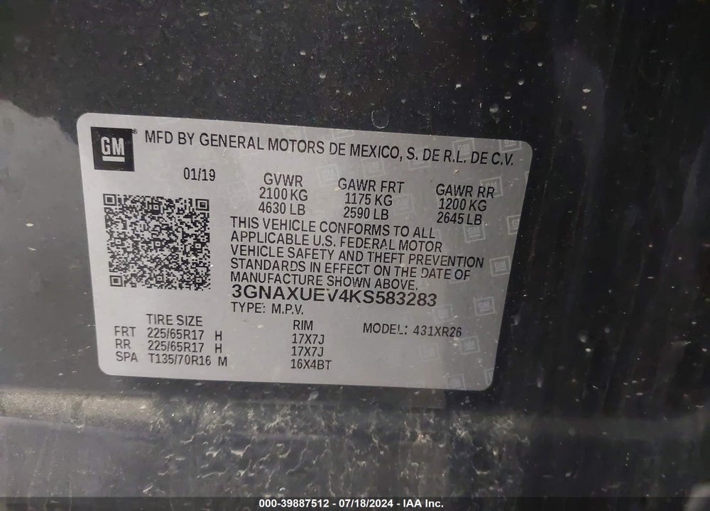 2019 CHEVROLET EQUINOX LT VIN: 3GNAXUEV4KS583283