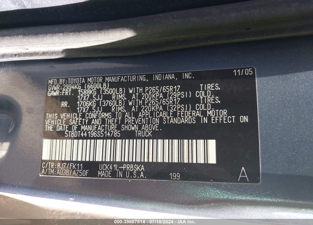 2006 TOYOTA TUNDRA SR5 V8 VIN: 5TBDT44196S514785