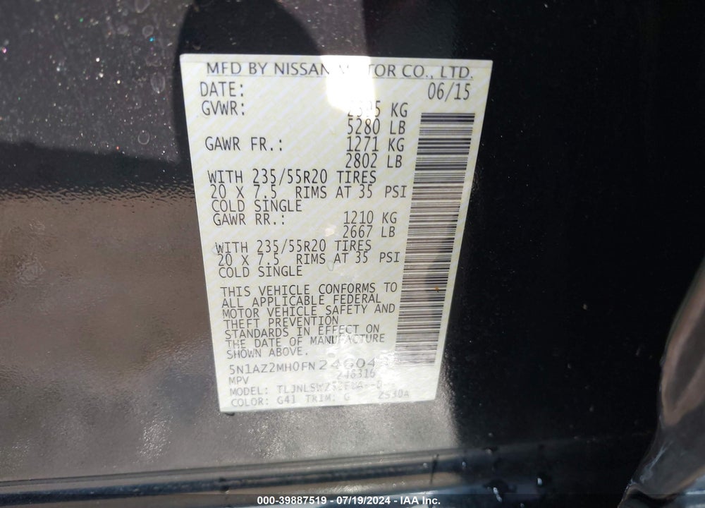 2015 NISSAN MURANO PLATINUM VIN: 5N1AZ2MH0FN246043