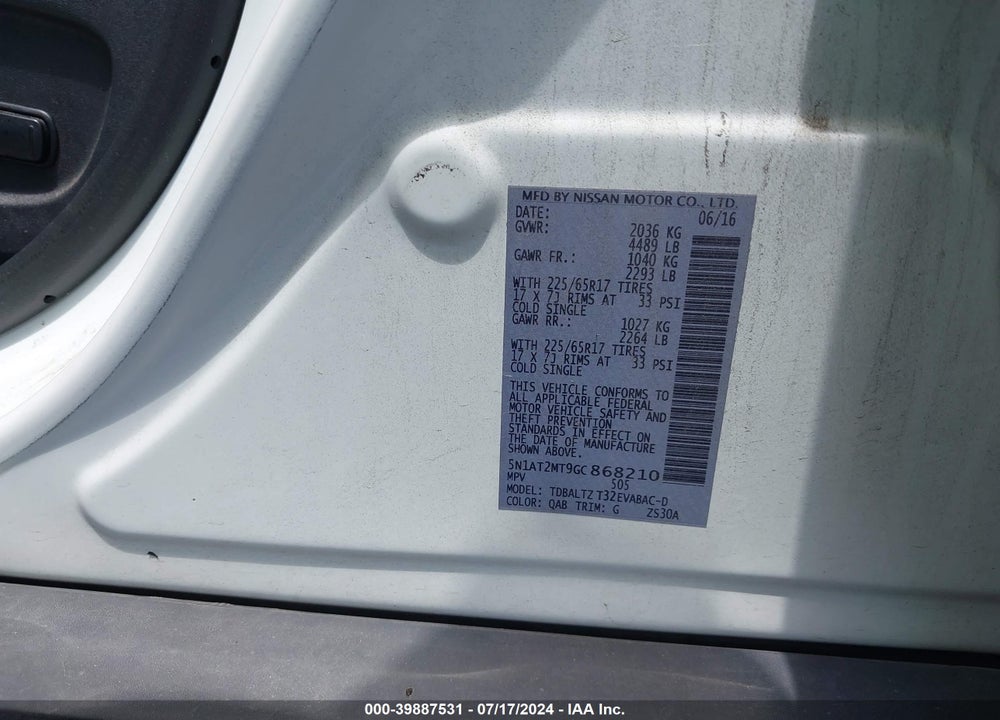 2016 NISSAN ROGUE SV VIN: 5N1AT2MT9GC868210