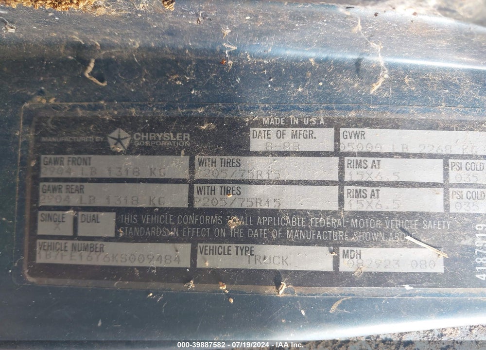 1989 DODGE D-SERIES D150 VIN: 1B7FE16Y6KS009484