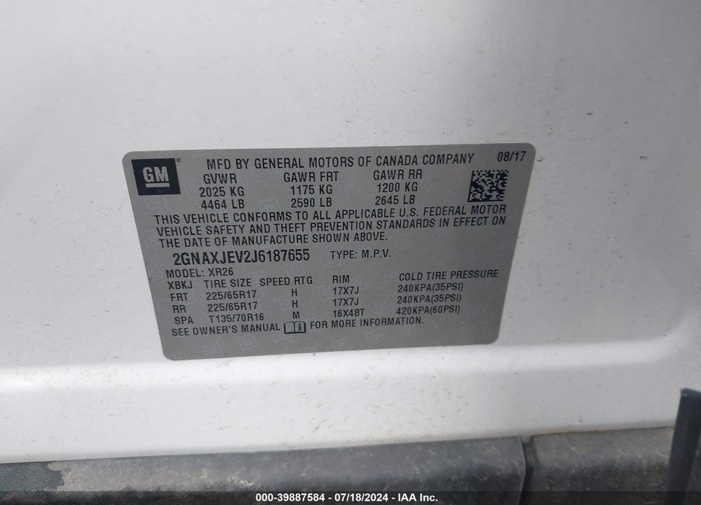 2018 CHEVROLET EQUINOX LT VIN: 2GNAXJEV2J6187655