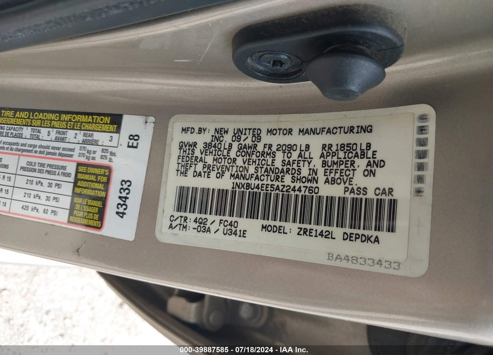 2010 TOYOTA COROLLA LE VIN: 1NXBU4EE5AZ244760