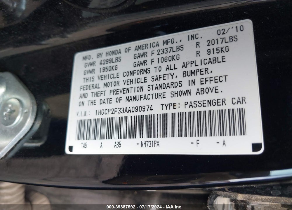 2010 HONDA ACCORD 2.4 LX VIN: 1HGCP2F33AA090974