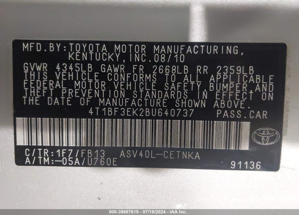 2011 TOYOTA CAMRY LE VIN: 4T1BF3EK2BU640737