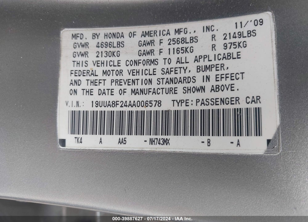 2010 ACURA TL 3.5 VIN: 19UUA8F24AA006578