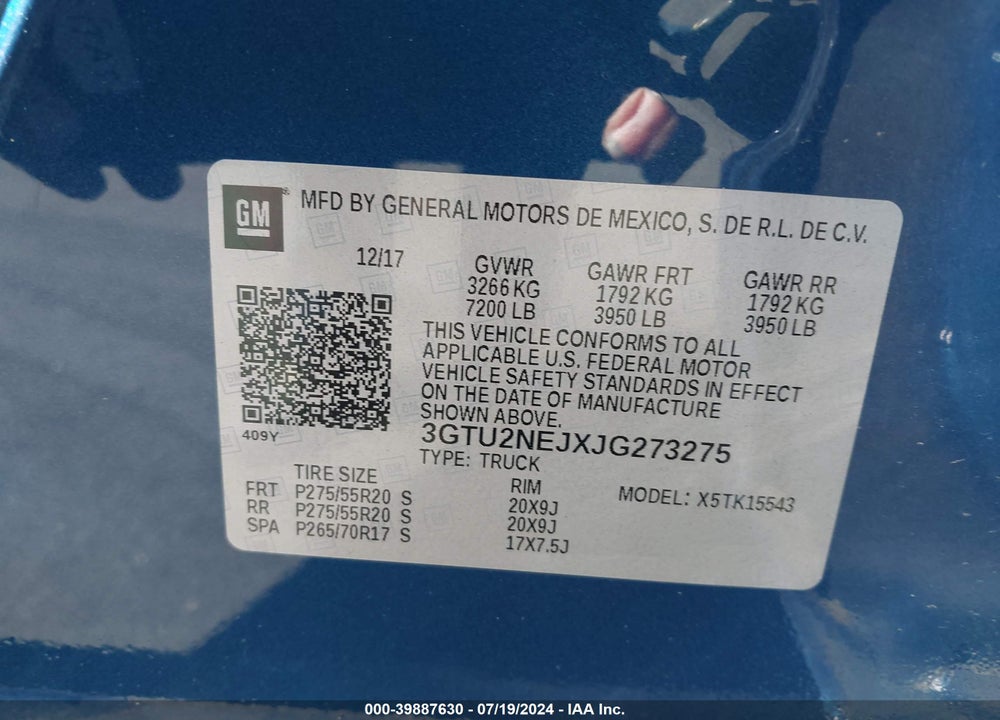 2018 GMC SIERRA 1500 SLT VIN: 3GTU2NEJXJG273275