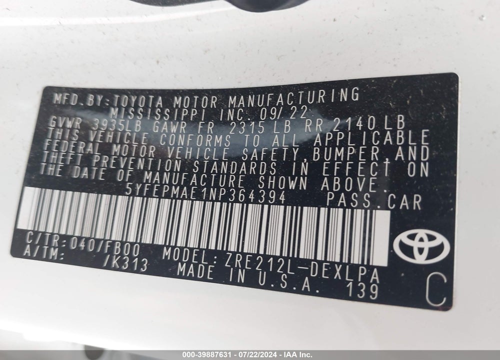 2022 TOYOTA COROLLA LE VIN: 5YFEPMAE1NP364394
