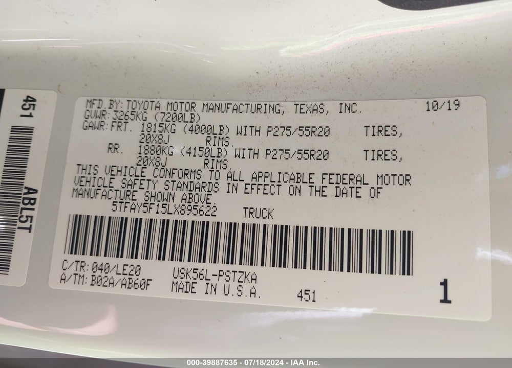 2020 TOYOTA TUNDRA PLATINUM VIN: 5TFAY5F15LX895622