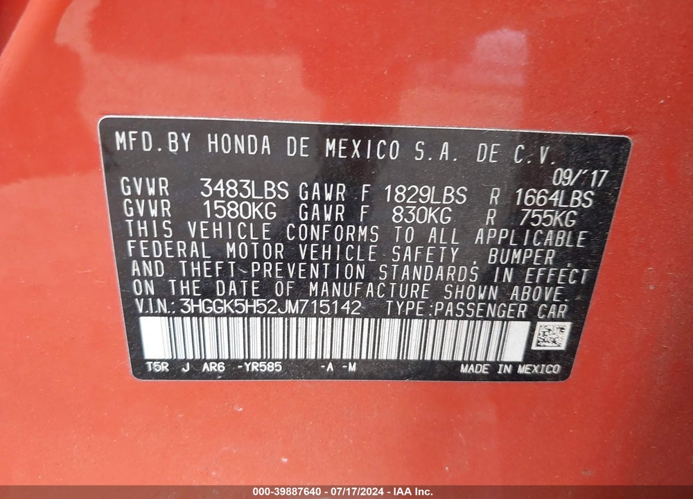 2018 HONDA FIT LX VIN: 3HGGK5H52JM715142