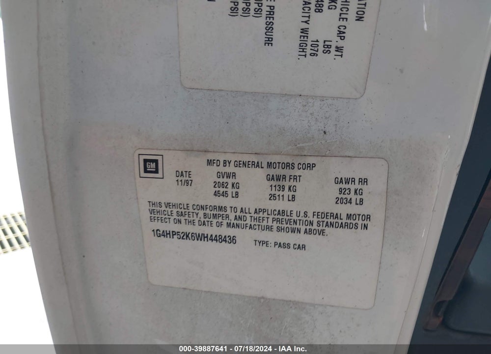 1998 BUICK LESABRE CUSTOM VIN: 1G4HP52K6WH448436
