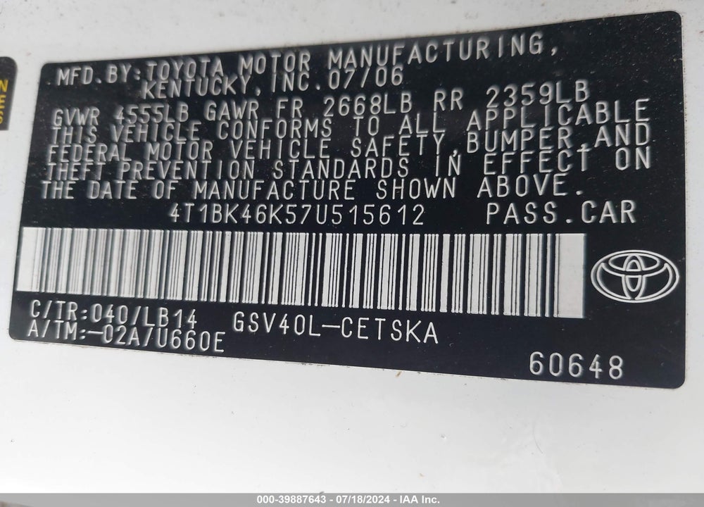2007 TOYOTA CAMRY SE V6 VIN: 4T1BK46K57U515612