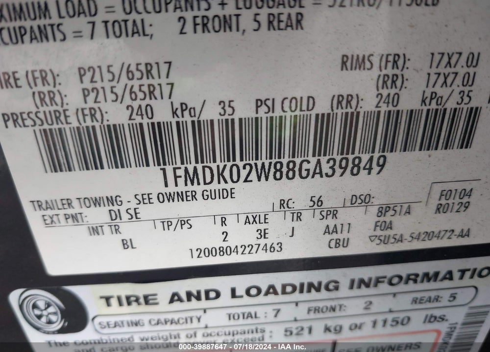2008 FORD TAURUS X SEL VIN: 1FMDK02W88GA39849