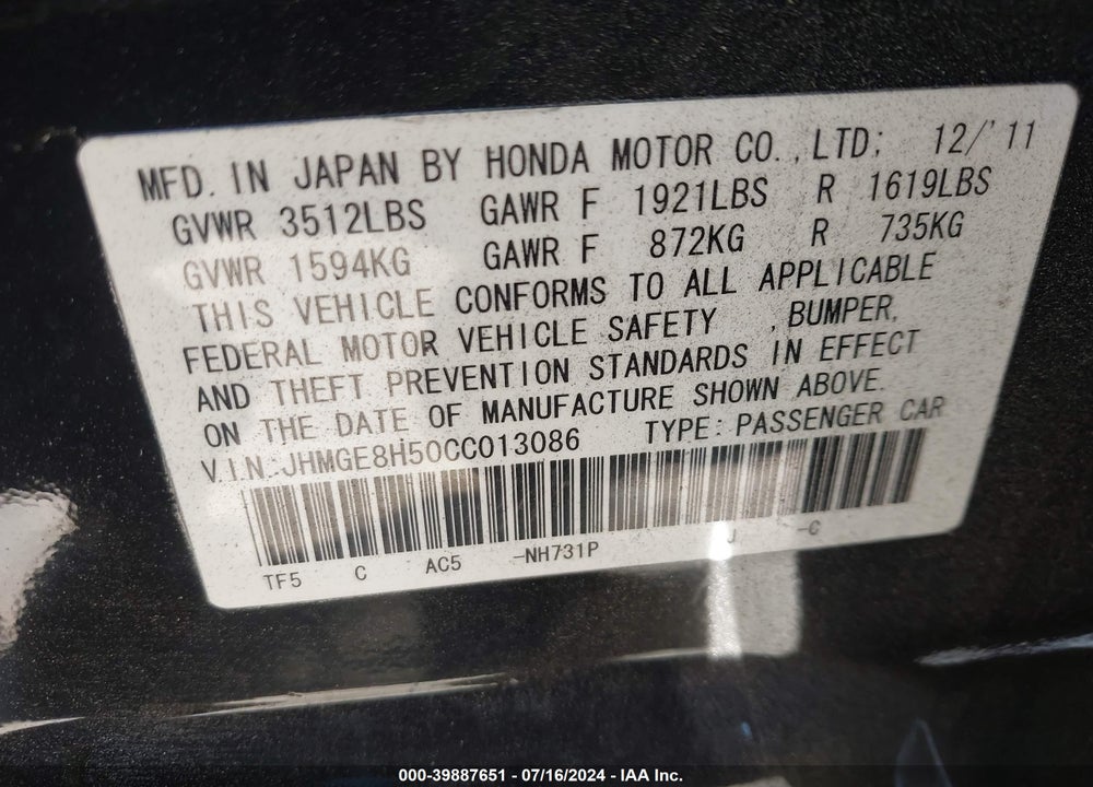 2012 HONDA FIT SPORT VIN: JHMGE8H50CC013086