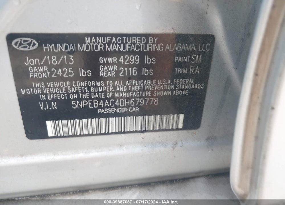 2013 HYUNDAI SONATA GLS VIN: 5NPEB4AC4DH679778