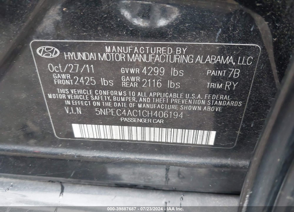 2012 HYUNDAI SONATA VIN: 5NPEC4AC1CH406194