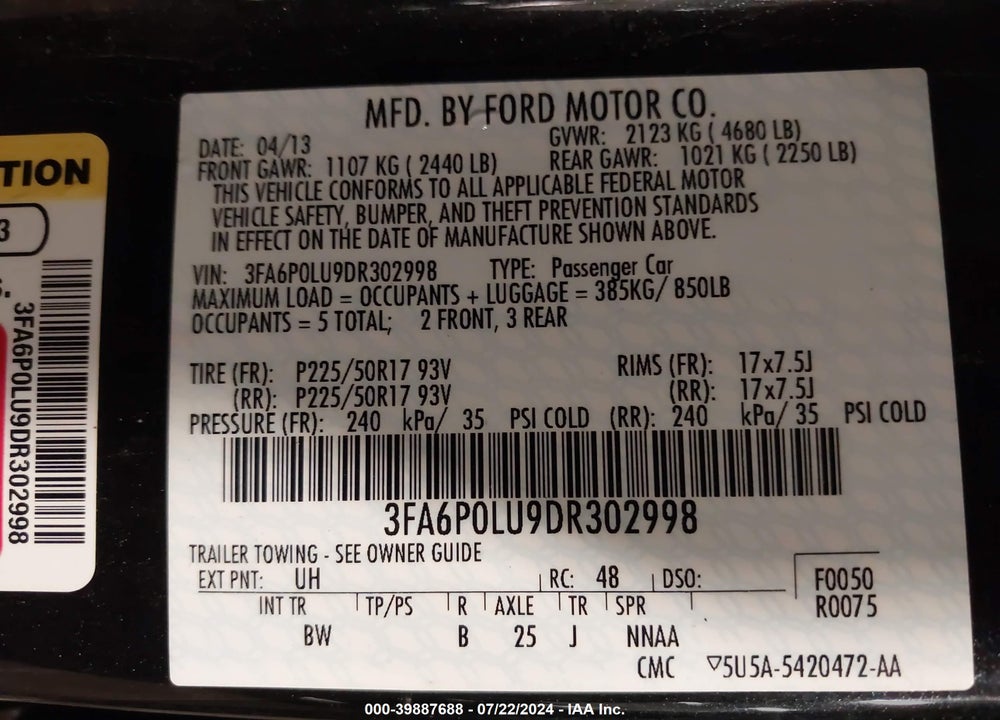 2013 FORD FUSION HYBRID SE VIN: 3FA6P0LU9DR302998