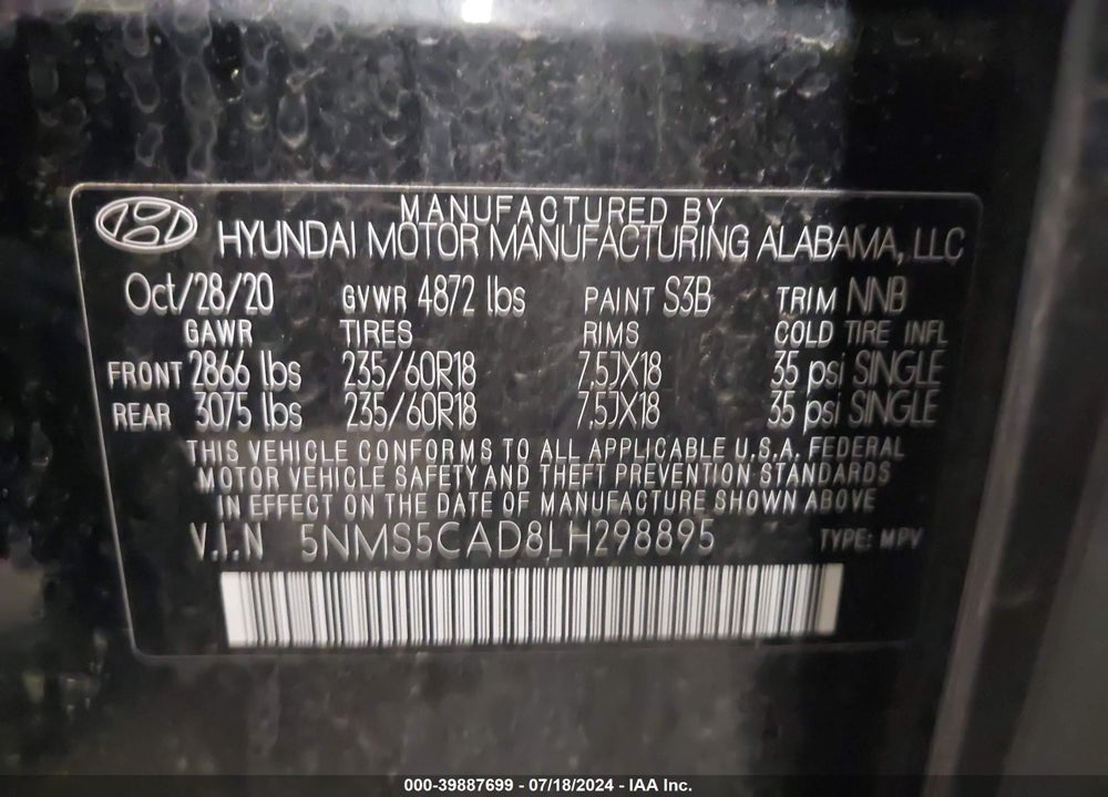2020 HYUNDAI SANTA FE LIMITED VIN: 5NMS5CAD8LH298895