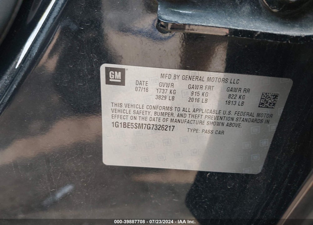 2016 CHEVROLET CRUZE LT AUTO VIN: 1G1BE5SM7G7326217