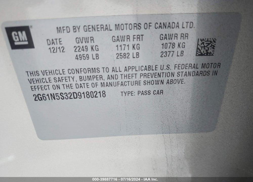 2013 CADILLAC XTS STANDARD VIN: 2G61N5S32D9180218
