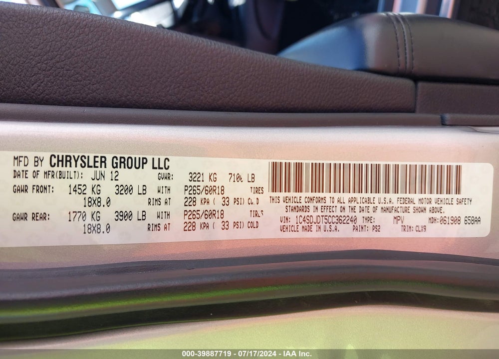 2012 DODGE DURANGO CREW VIN: 1C4SDJDT5CC362240