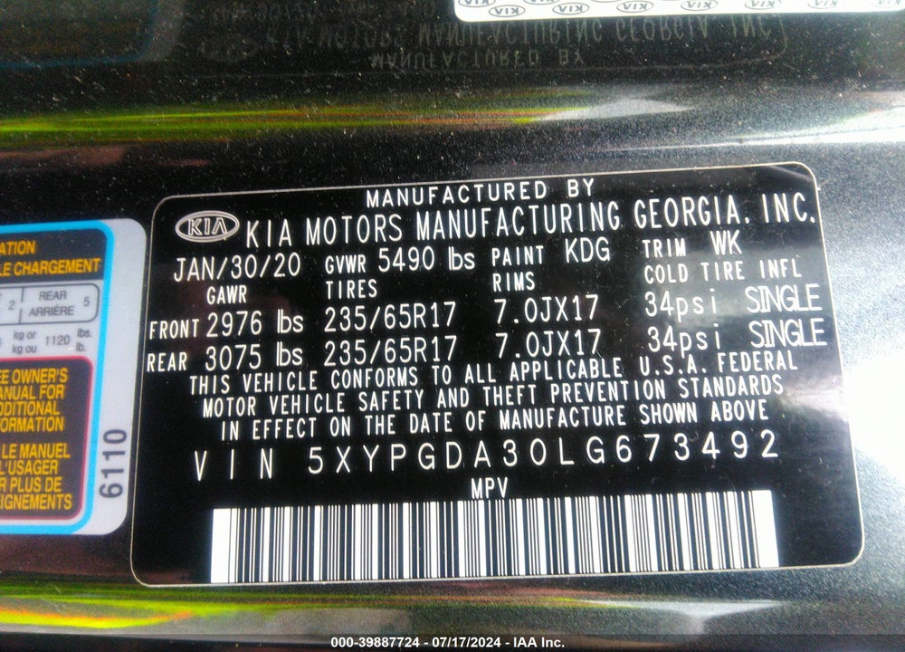 2020 KIA SORENTO 2.4L LX VIN: 5XYPGDA30LG673492