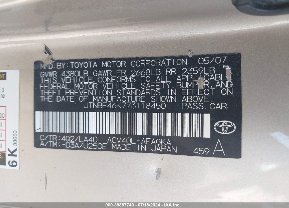 2007 TOYOTA CAMRY XLE VIN: JTNBE46K773118450