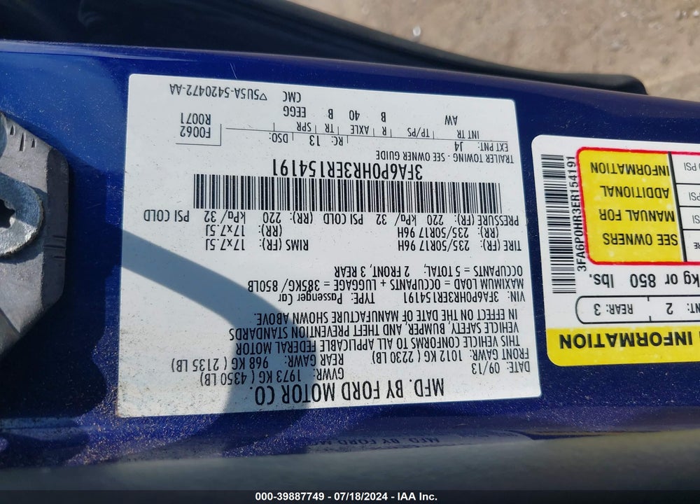 2014 FORD FUSION SE VIN: 3FA6P0HR3ER154191